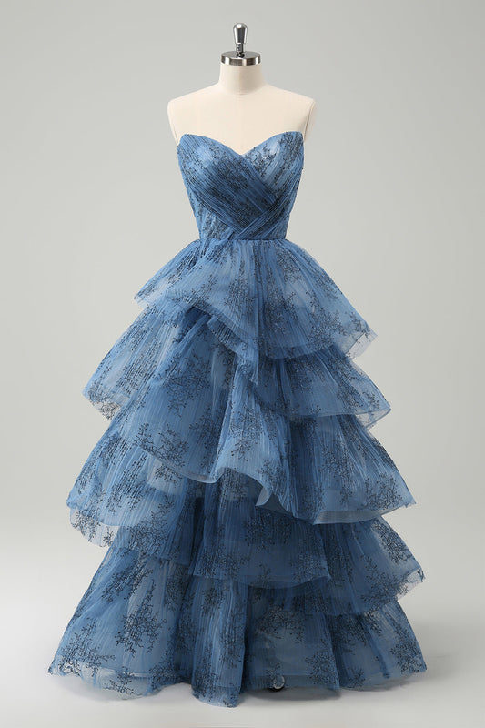 Robe longue de bal de promo évasée brodée sans bretelles à étages gris bleu
