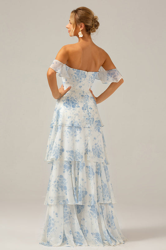 Robe longue de demoiselle d'honneur bohème en mousseline volantée à fleurs blanches et bleues