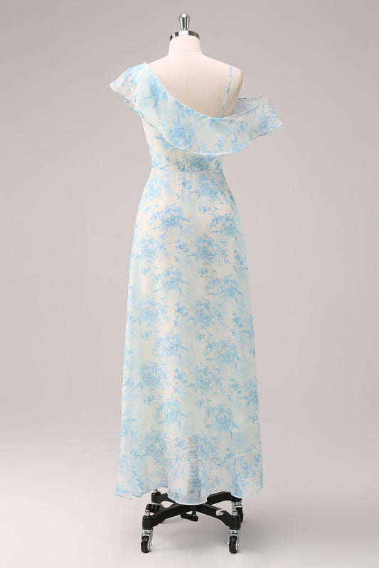 Robe de Demoiselle d'honneur Élégante en Mousseline à Fleurs Blanches et Bleues, Coupe A-Line, avec Fente