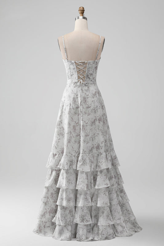 Robe de demoiselle d'honneur A-line à bretelles spaghetti, fleurs blanches et marron, avec volants