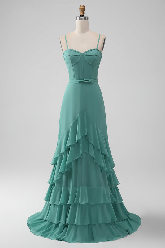 Grey-Green Spaghetti Strap A-Line Bridesmaid Dress with Ruffles
