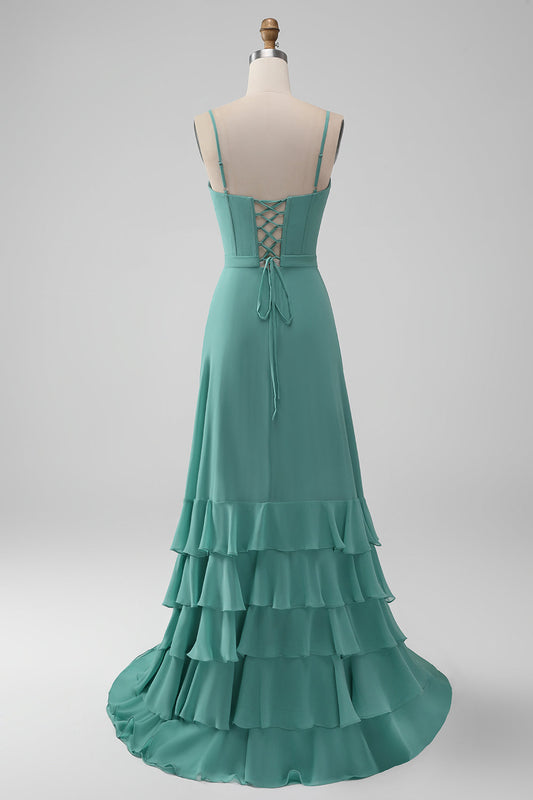 Grey-Green Spaghetti Strap A-Line Bridesmaid Dress with Ruffles