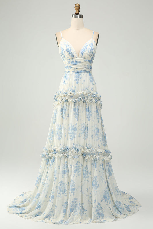 Robe de Demoiselle d'Honneur Longue en Tulle avec Bretelles Fines, Motif Fleurs Blanches et Bleues, Coupe Trapèze et Volants