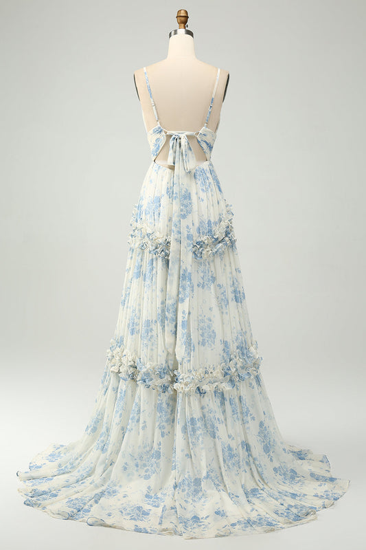 Robe de Demoiselle d'Honneur Longue en Tulle avec Bretelles Fines, Motif Fleurs Blanches et Bleues, Coupe Trapèze et Volants
