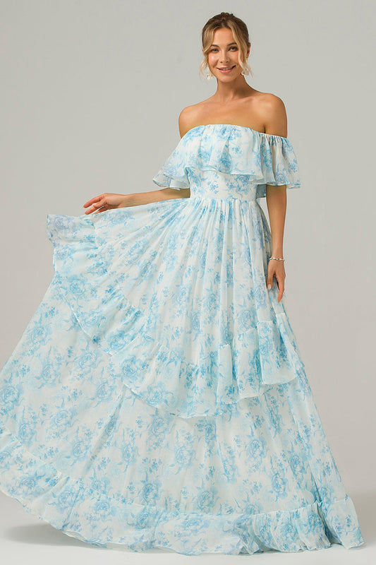 Robe de demoiselle d'honneur longue bohème à épaules dénudées avec volants, imprimé floral bleu et blanc
