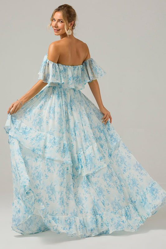 Robe de demoiselle d'honneur longue bohème à épaules dénudées avec volants, imprimé floral bleu et blanc