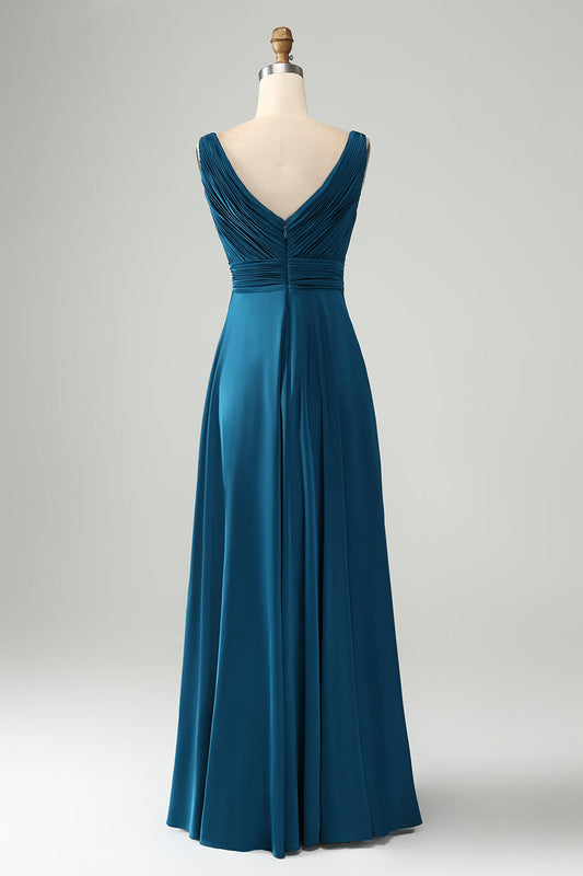 Ink Blue A-Line V-Neck Keyhole Long Bridesmaid Dress