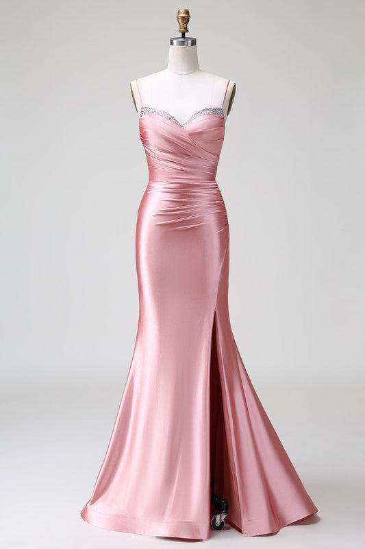 Robe de bal sirène en satin blush avec bretelles spaghetti et fente