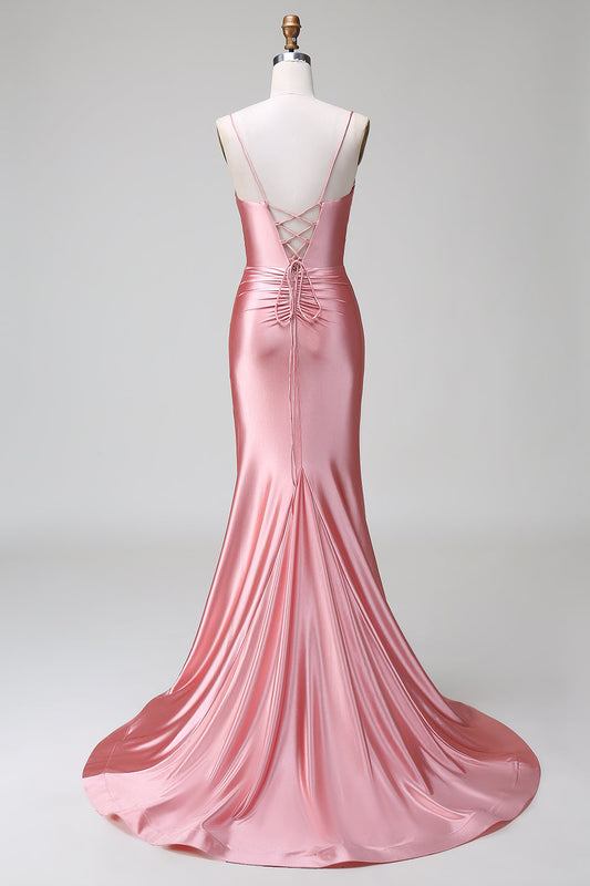 Robe de bal sirène en satin blush avec bretelles spaghetti et fente