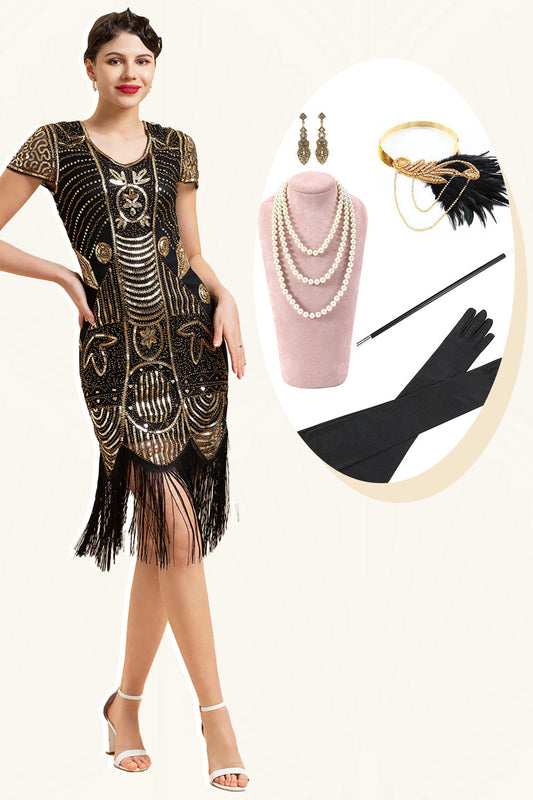 Golden Fringe Sequined Flapper Dress with 1920s Accessories Set