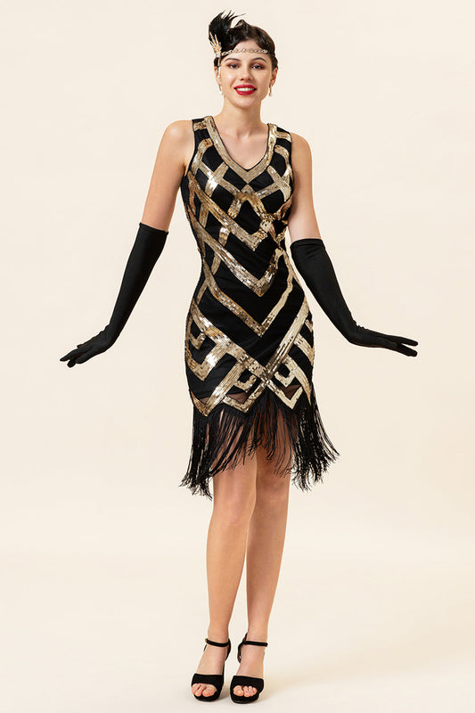 Golden Fringe Sequined Flapper Dress with 1920s Accessories Set