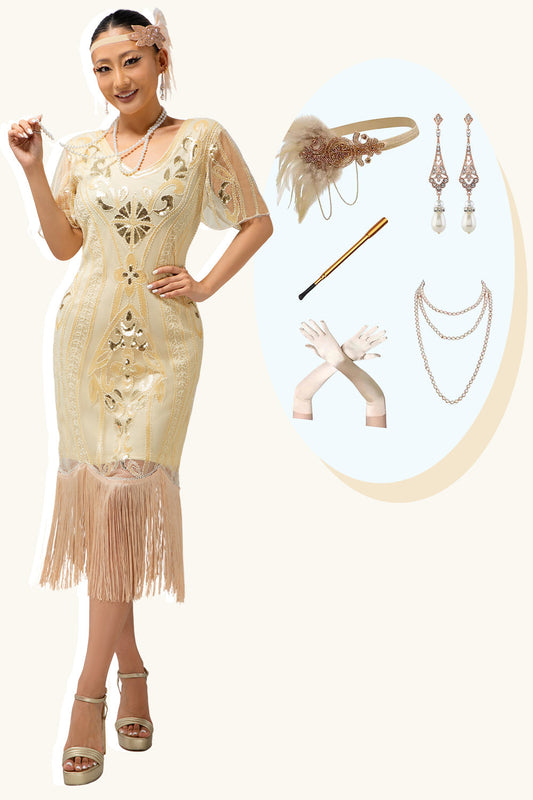 Robe à franges à paillettes rouges et dorées des années 1920 avec ensemble d'accessoires 5 pièces