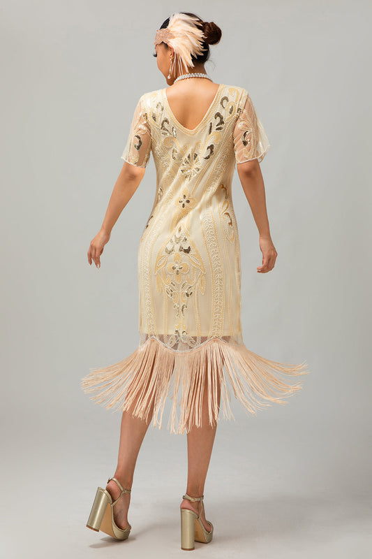 Robe à franges à paillettes rouges et dorées des années 1920 avec ensemble d'accessoires 5 pièces