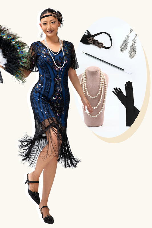 Robe Charleston Gatsby Noire Dorée à Franges Découpe Dos-nu avec Ensemble de 5 Accessoires