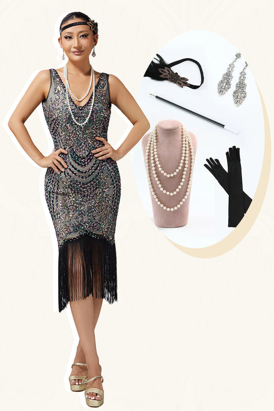 Robe Charleston moulante noir abricot à sequins et franges avec ensemble d'accessoires 5 pièces