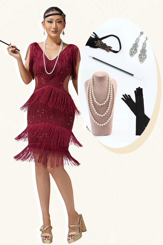 Robe de soirée pailletée bordeaux à volants et franges style années 20, avec ensemble de 5 accessoires