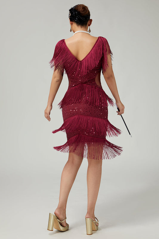 Robe de soirée pailletée bordeaux à volants et franges style années 20, avec ensemble de 5 accessoires