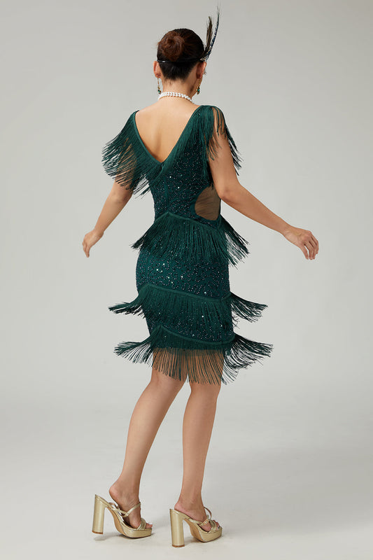 Robe à sequins vert foncé, moulante, à volants et franges style années 20, avec ensemble de 5 accessoires