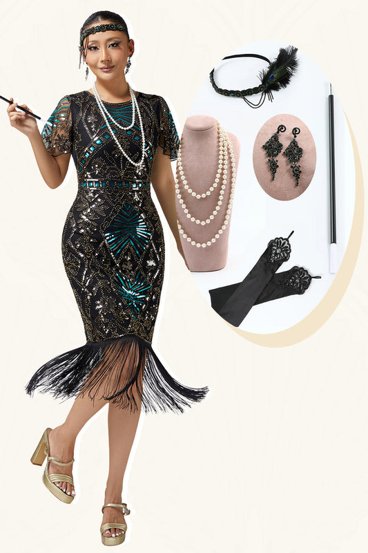 Robe moulante noire et bleue à sequins et franges style années 20 avec ensemble de 5 accessoires