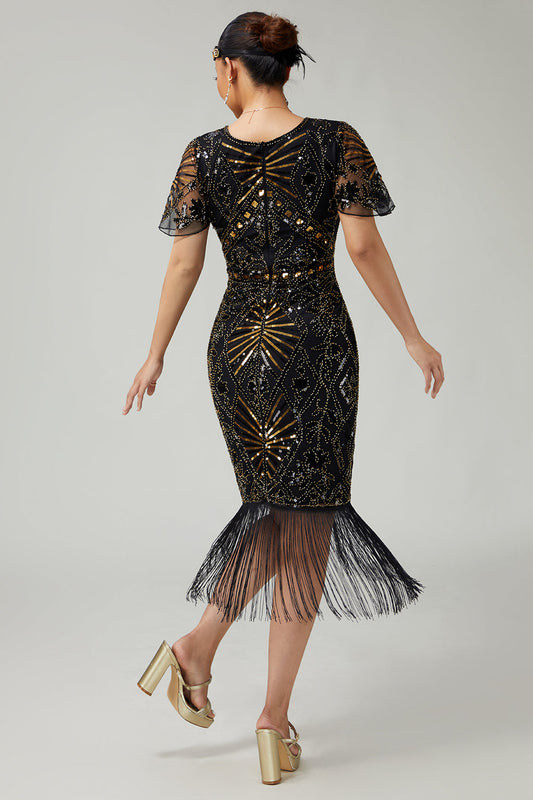 Robe de Soirée Années 20 Noire et Dorée à Paillettes et Franges avec Accessoires