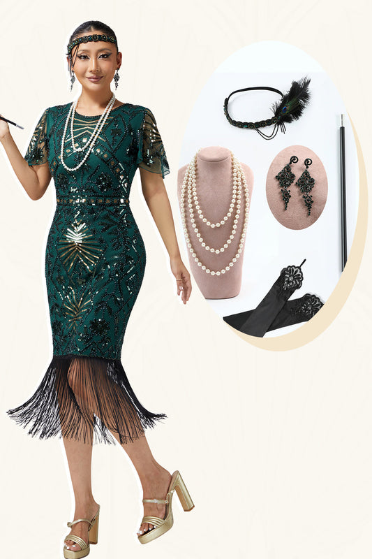 Robe moulante à sequins vert foncé à franges années 20 avec ensemble de 5 accessoires