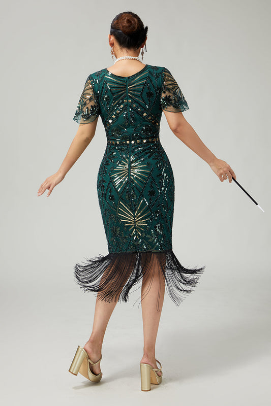 Robe moulante à sequins vert foncé à franges années 20 avec ensemble de 5 accessoires
