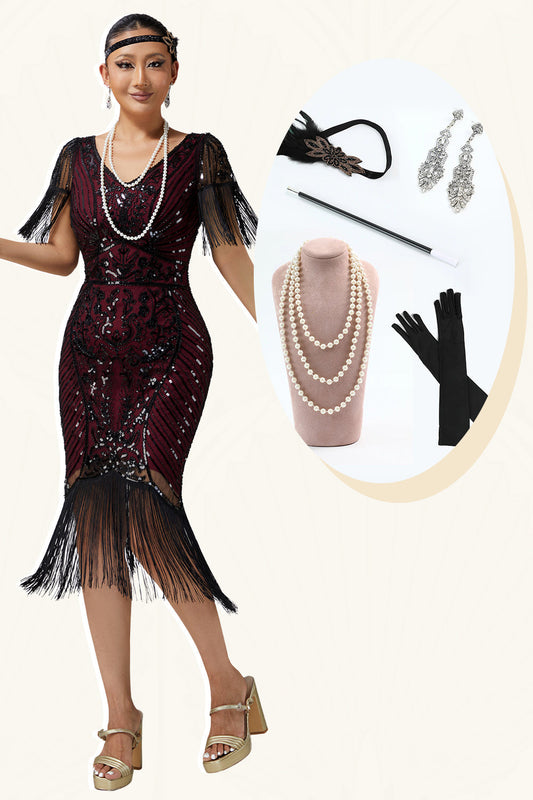 Robe moulante à franges à paillettes bordeaux style années 20 avec ensemble de 5 accessoires