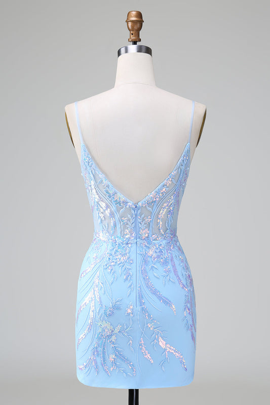 Robe de soirée courte à corset en sequins bleus, dos ouvert et broderies