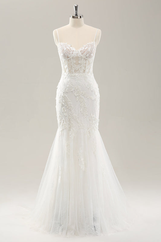 Robe de mariée sirène blanche à fines bretelles, ornée d'applications en dentelle, corset et dos lacé