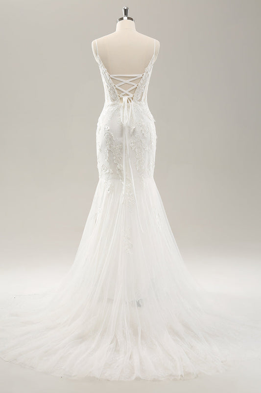 Robe de mariée sirène blanche à fines bretelles, ornée d'applications en dentelle, corset et dos lacé