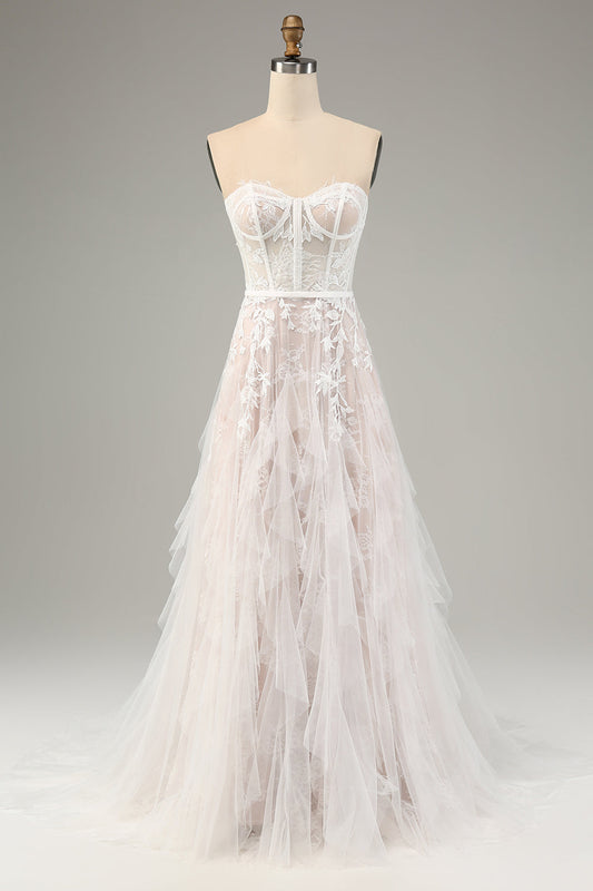 White A-Line Sweetheart Sweep Train Corset Wedding Dress with Applique Lace