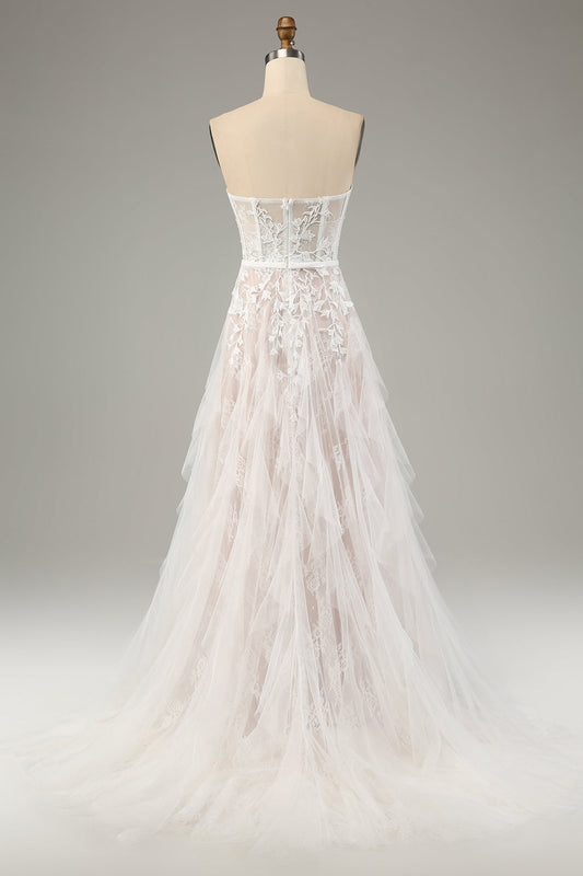 White A-Line Sweetheart Sweep Train Corset Wedding Dress with Applique Lace