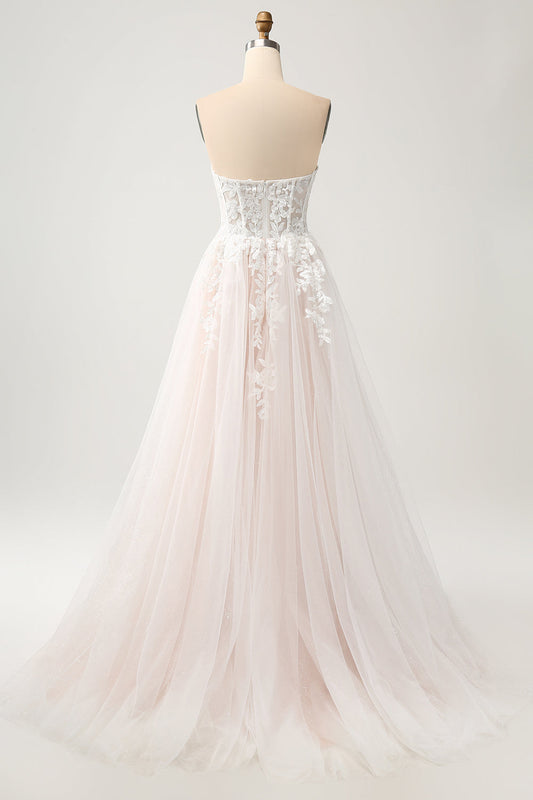 White A-Line Sweetheart Sparkly Wedding Dress with Appliqued Lace