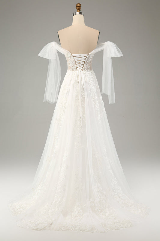 Princess White A-Line Lace-Up Tulle Corset Wedding Dress with Appliqué Lace