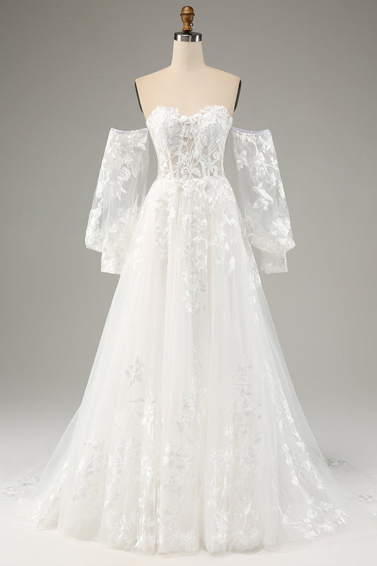 Vestido de novia de tul línea A blanco de manga larga con apliques de encaje