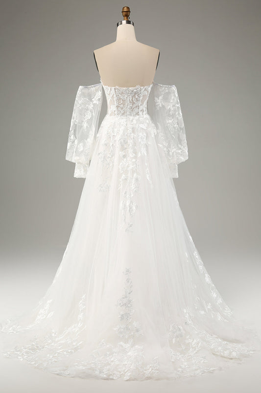 Vestido de novia de tul línea A blanco de manga larga con apliques de encaje