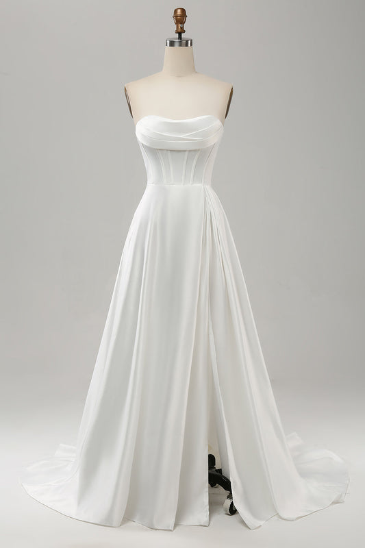 Elegant White A-Line Strapless Pleated Sweep Train Bridal Dress with Slit