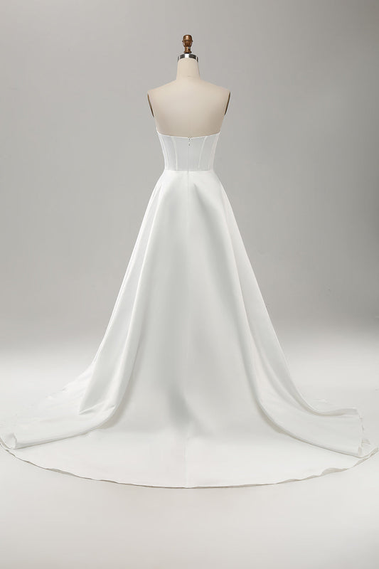 Elegant White A-Line Strapless Pleated Sweep Train Bridal Dress with Slit