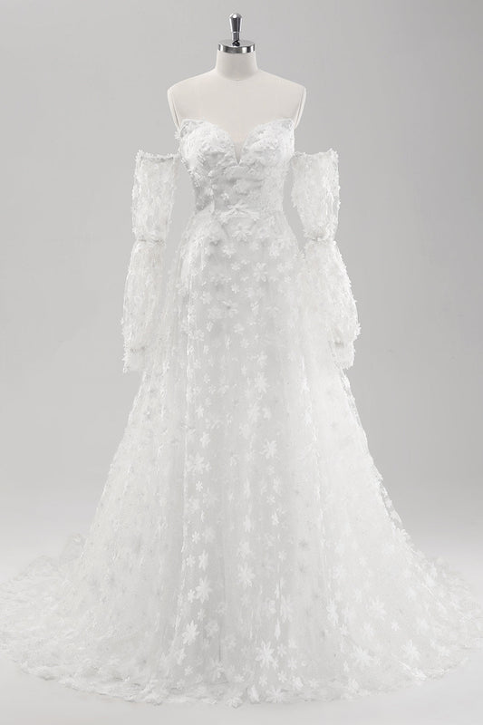 Robe de mariée blanche trapèze bustier ornée de dentelle avec manches amovibles