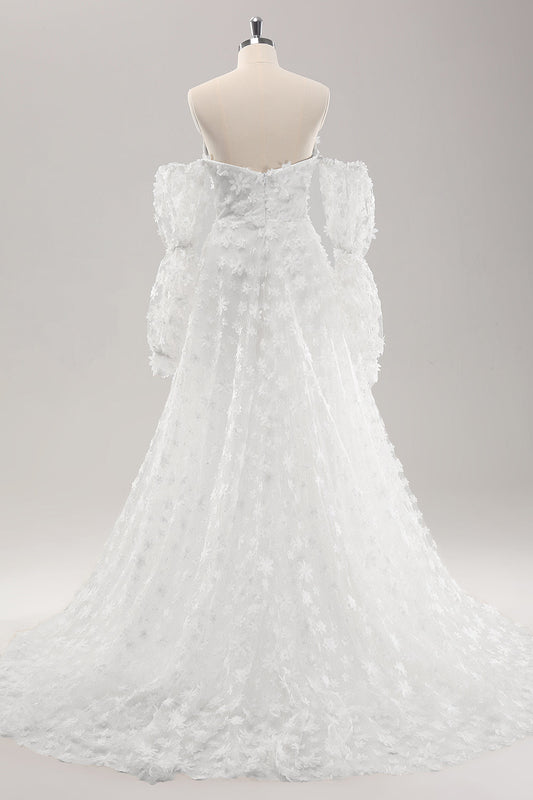 Robe de mariée blanche trapèze bustier ornée de dentelle avec manches amovibles
