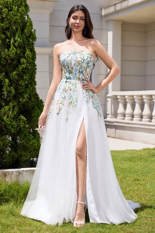 Robe de mariée longue blanche trapèze sans bretelles en tulle fendue avec fleurs 3D