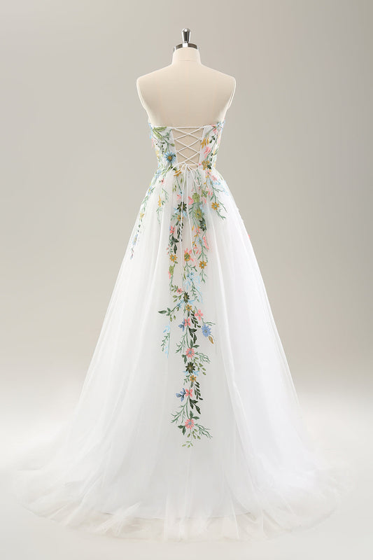 White A-Line Strapless 3D Floral Tulle Wedding Dress with Slit
