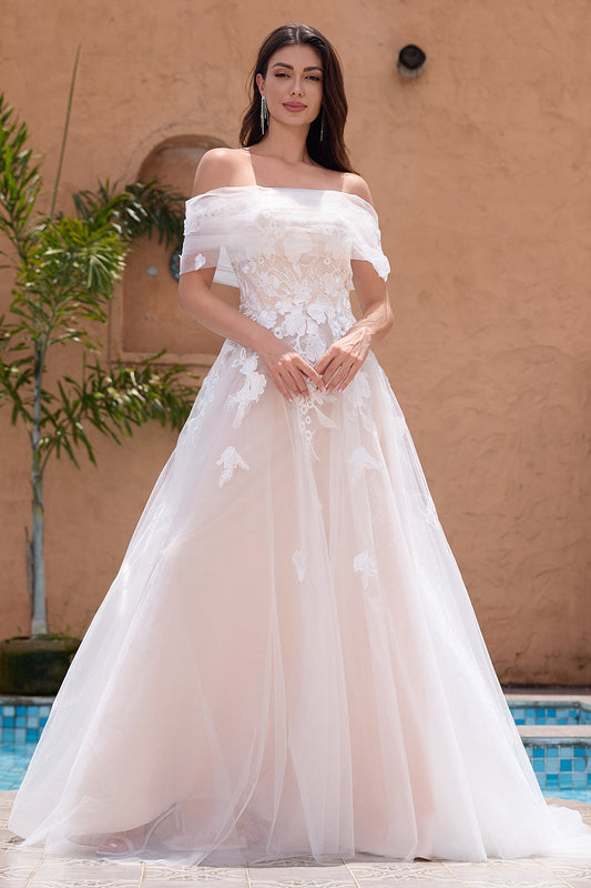Robe De Demoiselle D'Honneur en Tulle et Dentelle Blanche Épaule Dénudée avec Broderie Coupe Trapèze