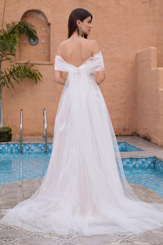 Robe De Demoiselle D'Honneur en Tulle et Dentelle Blanche Épaule Dénudée avec Broderie Coupe Trapèze