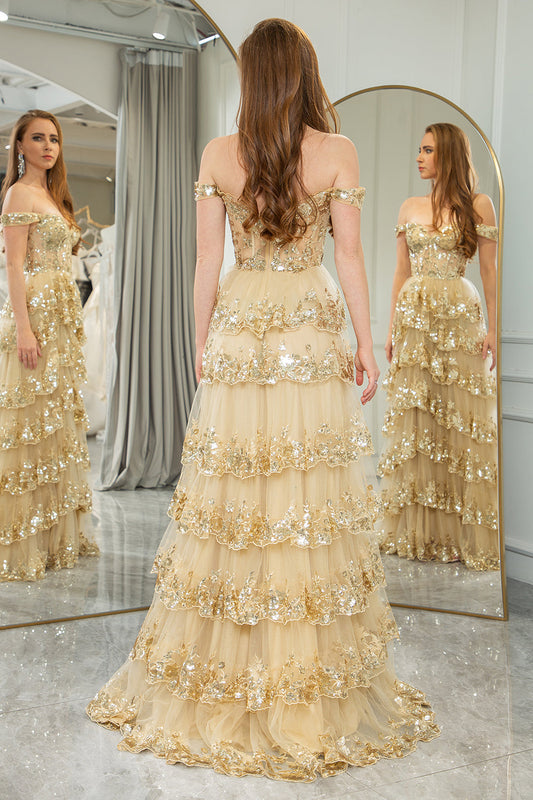 Princess A-Line Off-the-Shoulder Gold Tiered Prom Dress with Accessories Set