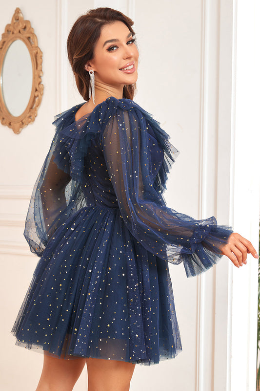 A-Line V-Neck Navy Short Graduation Dress with Long Sleeves