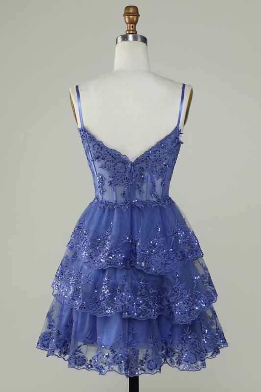 Robe de bal de fin d'année corset, coupe trapèze, à bretelles spaghetti, bleu foncé pailleté et mignonne