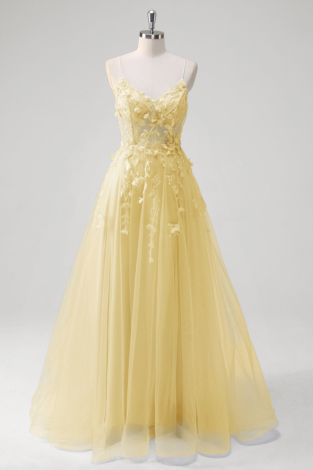 Blue A-Line Spaghetti Strap Appliqued Corset Long Tulle Prom Dress