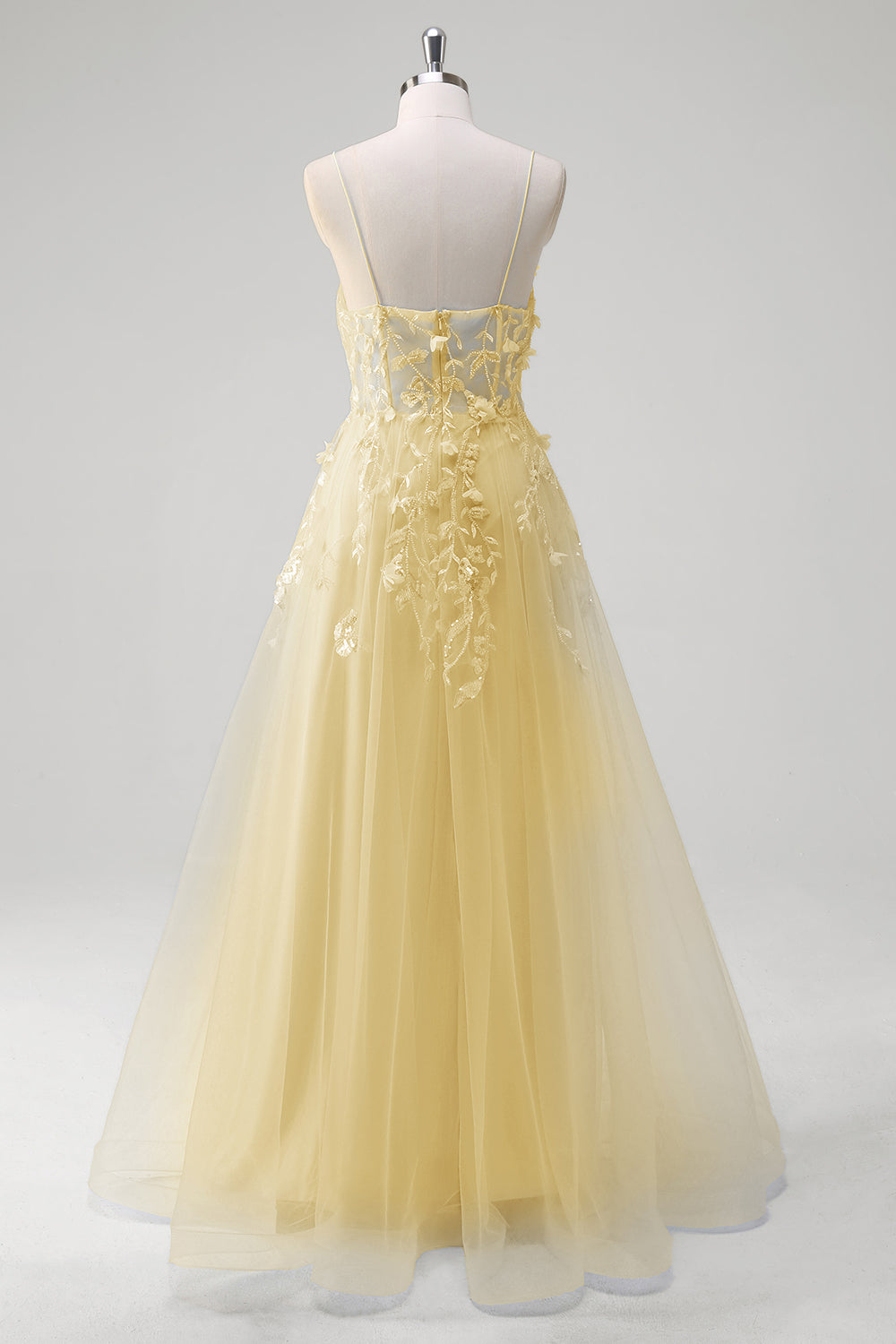 Blue A-Line Spaghetti Strap Appliqued Corset Long Tulle Prom Dress