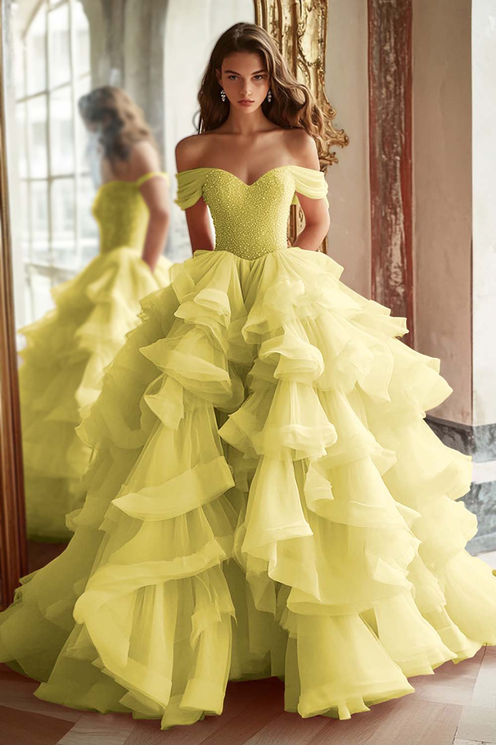 Pink Princess Off-The-Shoulder Tiered Ruffled Long Prom Dress with Sequins